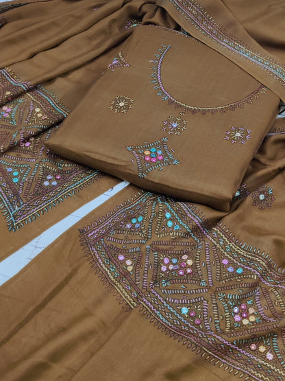 Hazel Brown Needle Embroidery Pashmina 3pc