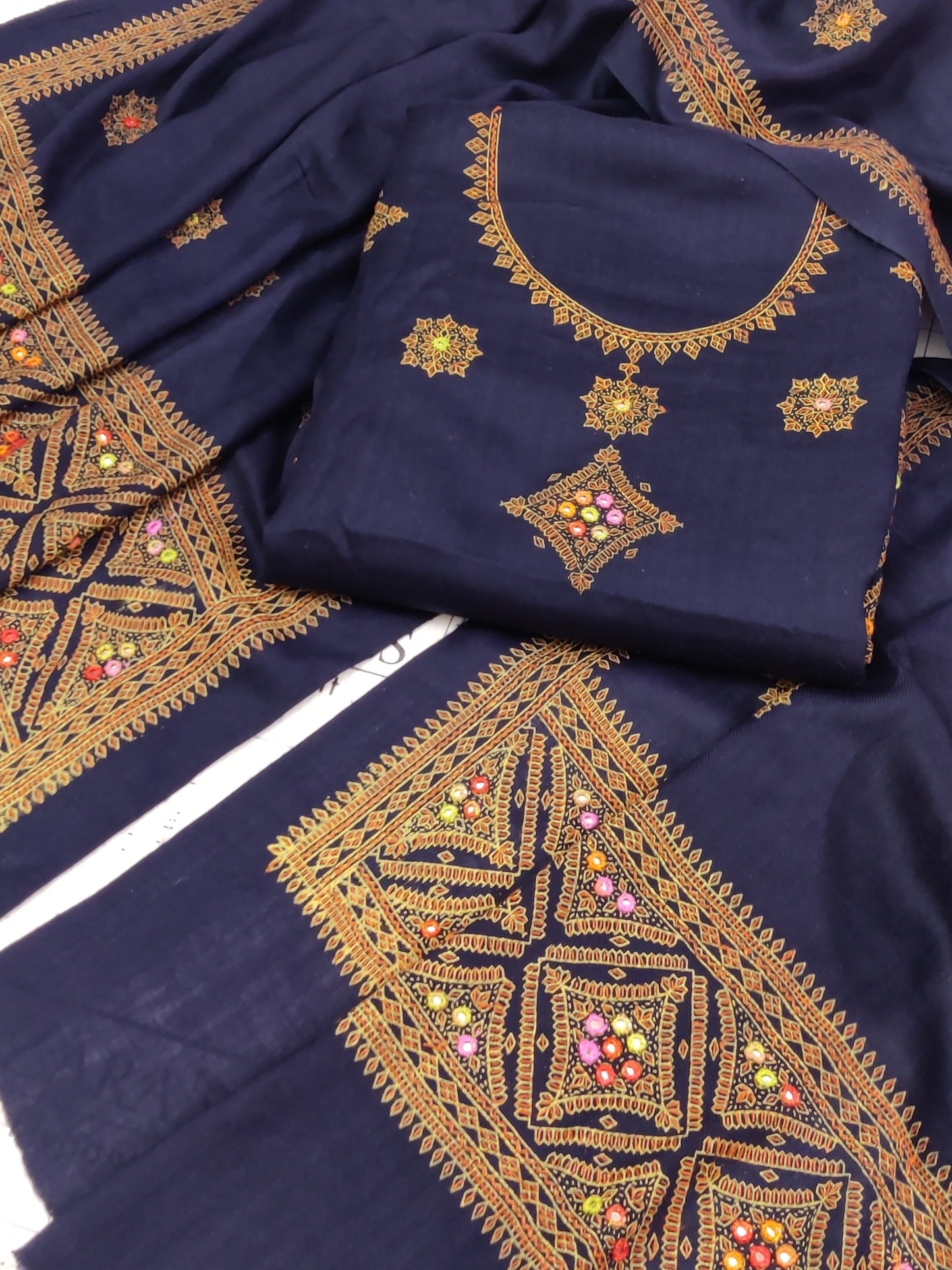 Navy Blue Needle Embroidery Pashmina 3pc