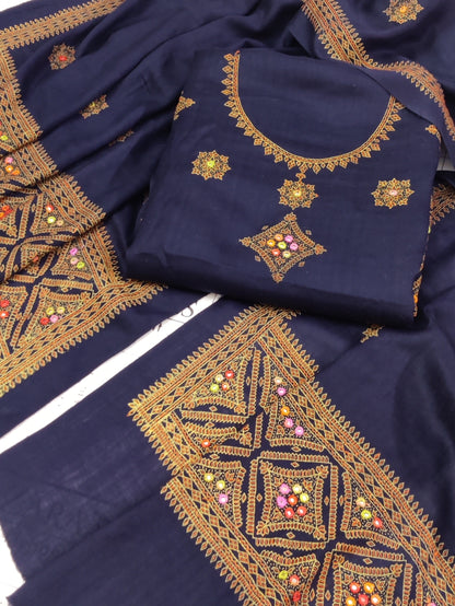 Navy Blue Needle Embroidery Pashmina 3pc