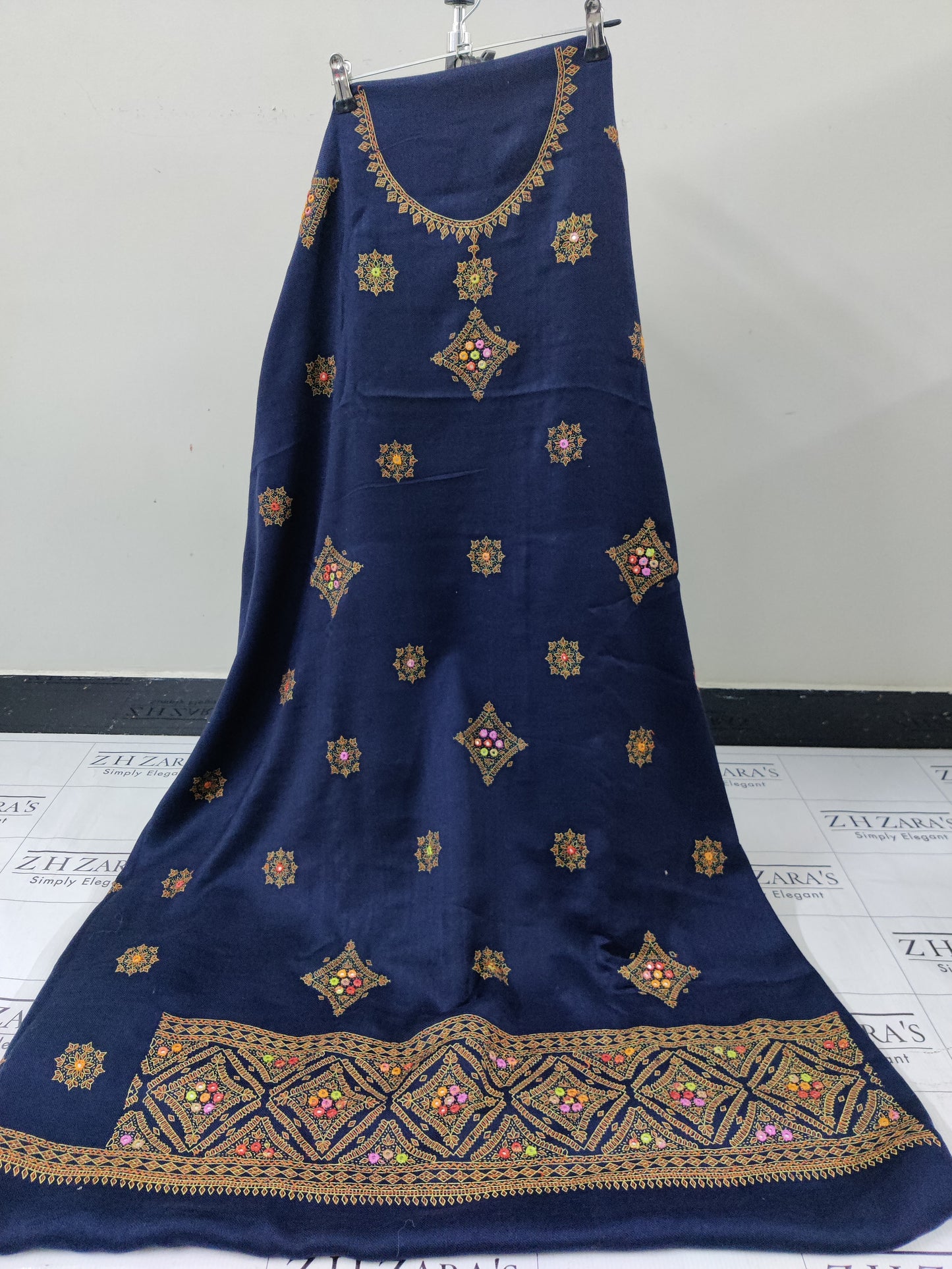 Navy Blue Needle Embroidery Pashmina 3pc