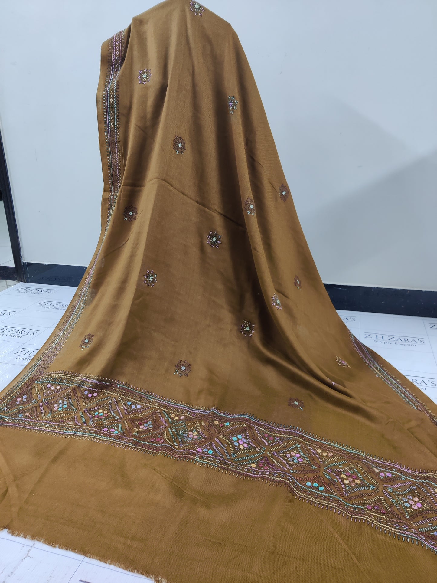 Hazel Brown Needle Embroidery Pashmina 3pc