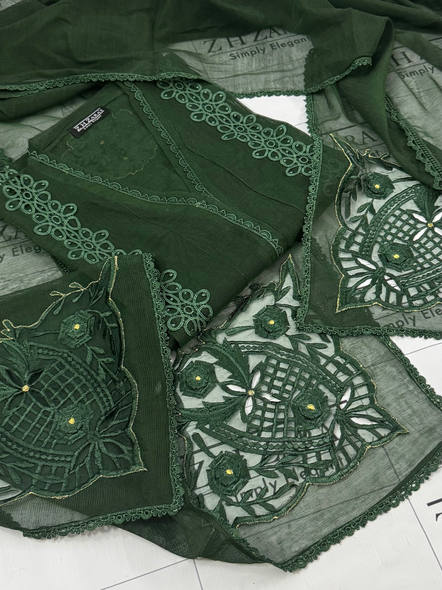 Bottle Green Duppata Cutwork 2pc