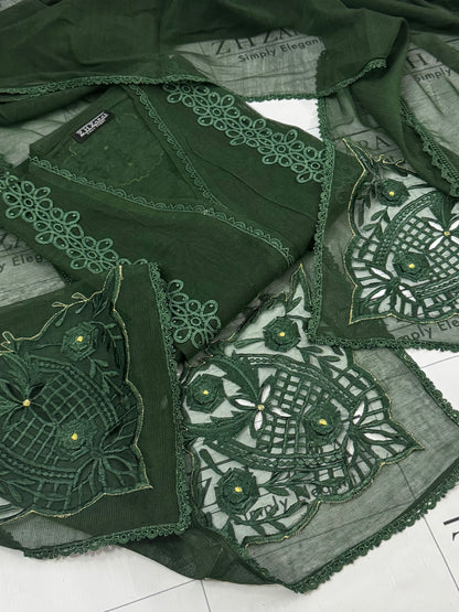 Bottle Green Duppata Cutwork 2pc
