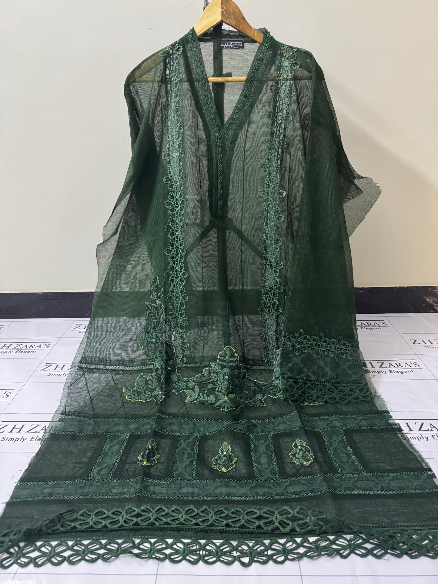 Bottle Green Duppata Cutwork 2pc