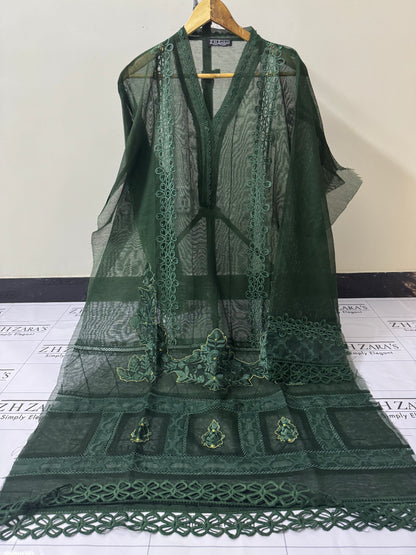 Bottle Green Duppata Cutwork 2pc