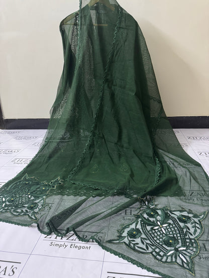Bottle Green Duppata Cutwork 2pc