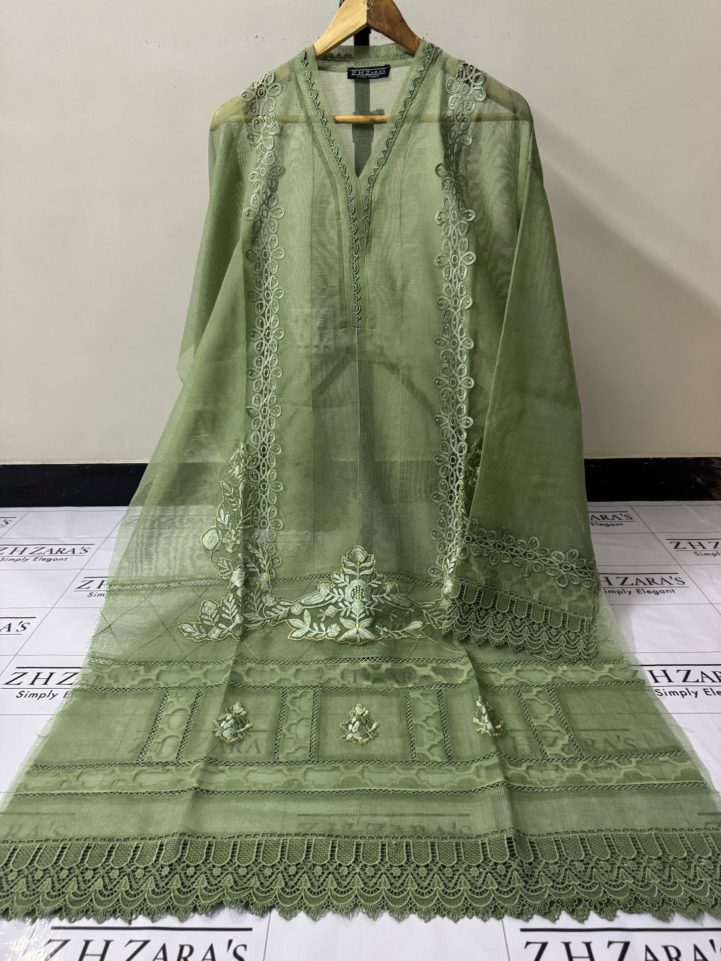 Olive Green Duppata Cutwork 2pc
