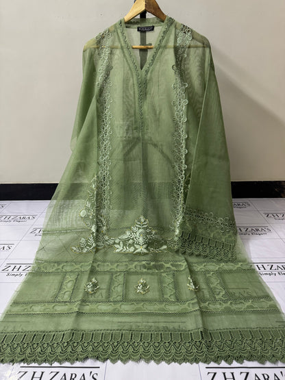 Olive Green Duppata Cutwork 2pc