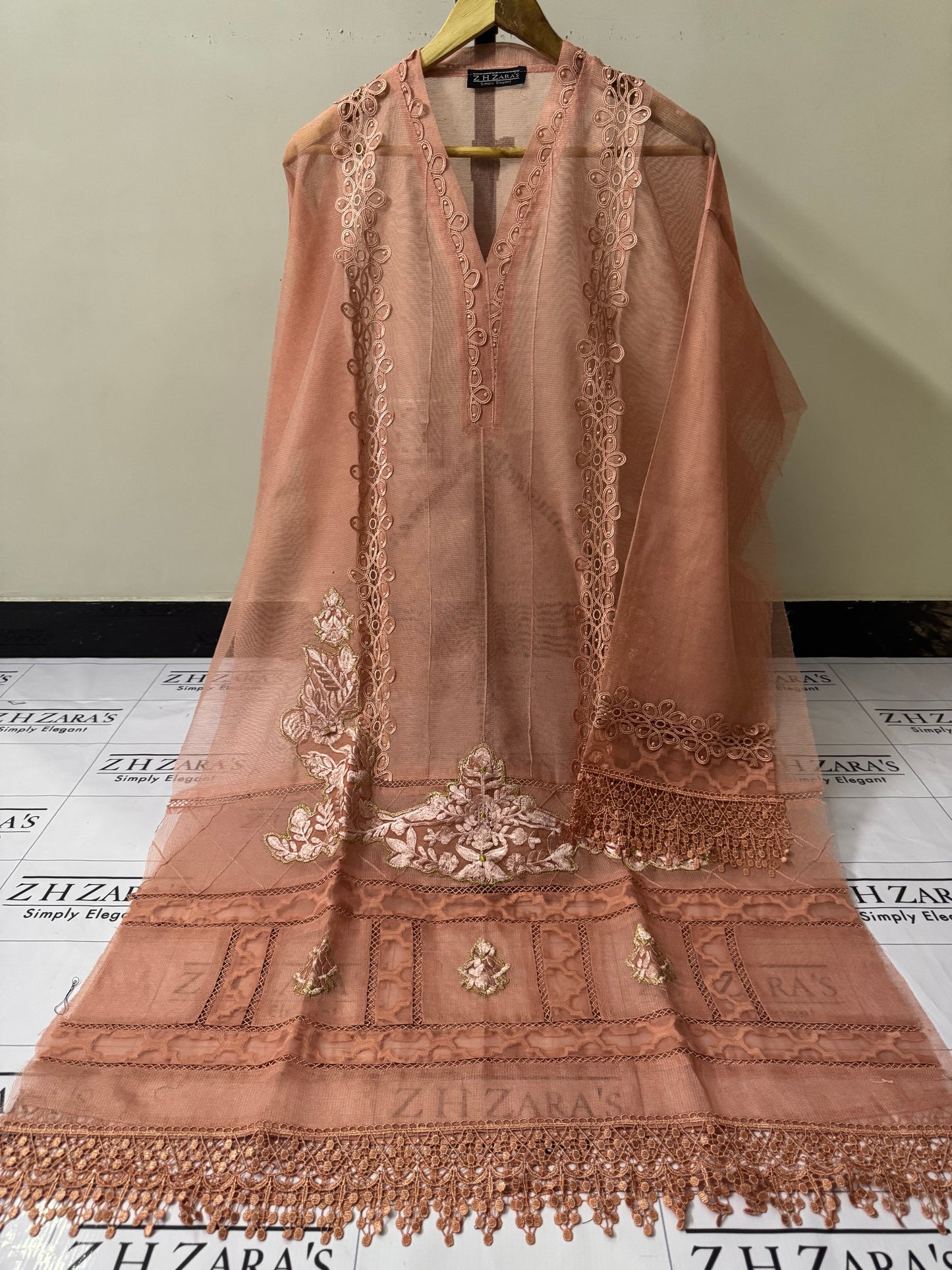 Peachy Pink Duppata Cutwork 2pc