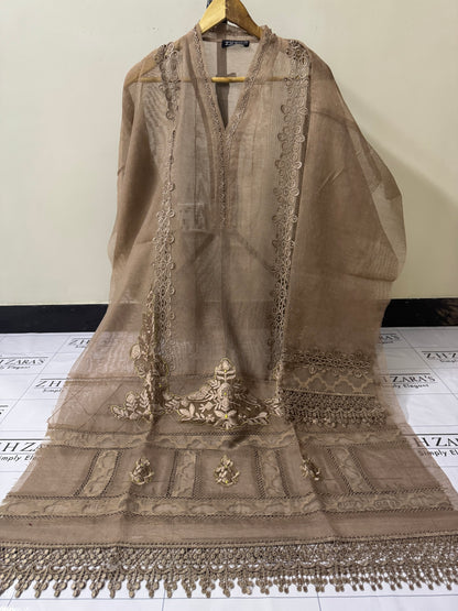 Coffee Duppata Cutwork 2pc