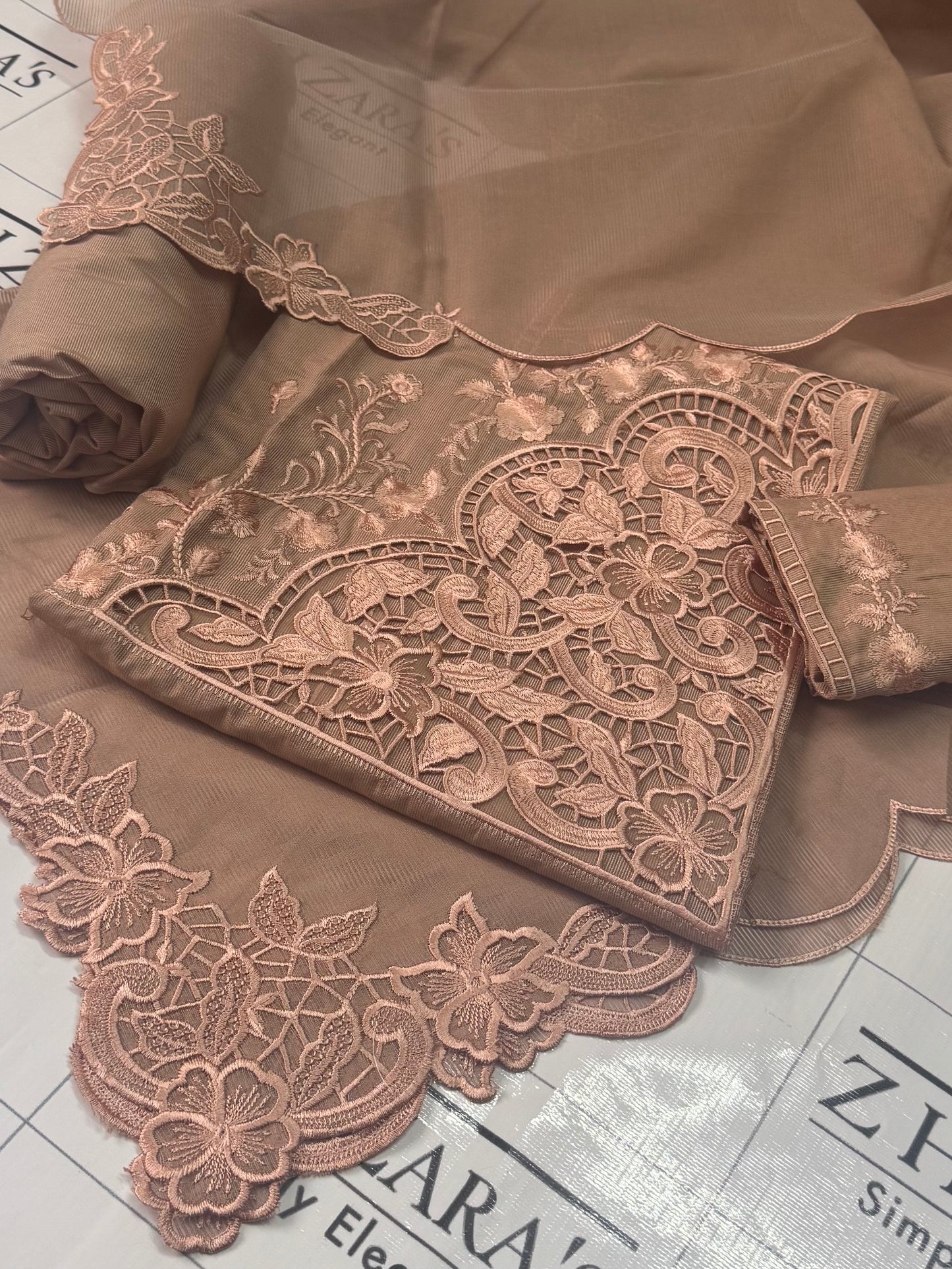Dusty Peach Resham Silk Cutwork 3pc