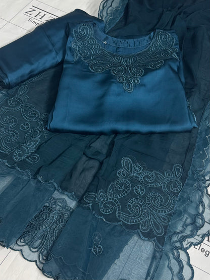 Peacock Blue Silk Cutwork 3pc