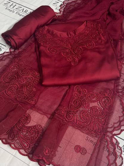Maroon Silk Cutwork 3pc