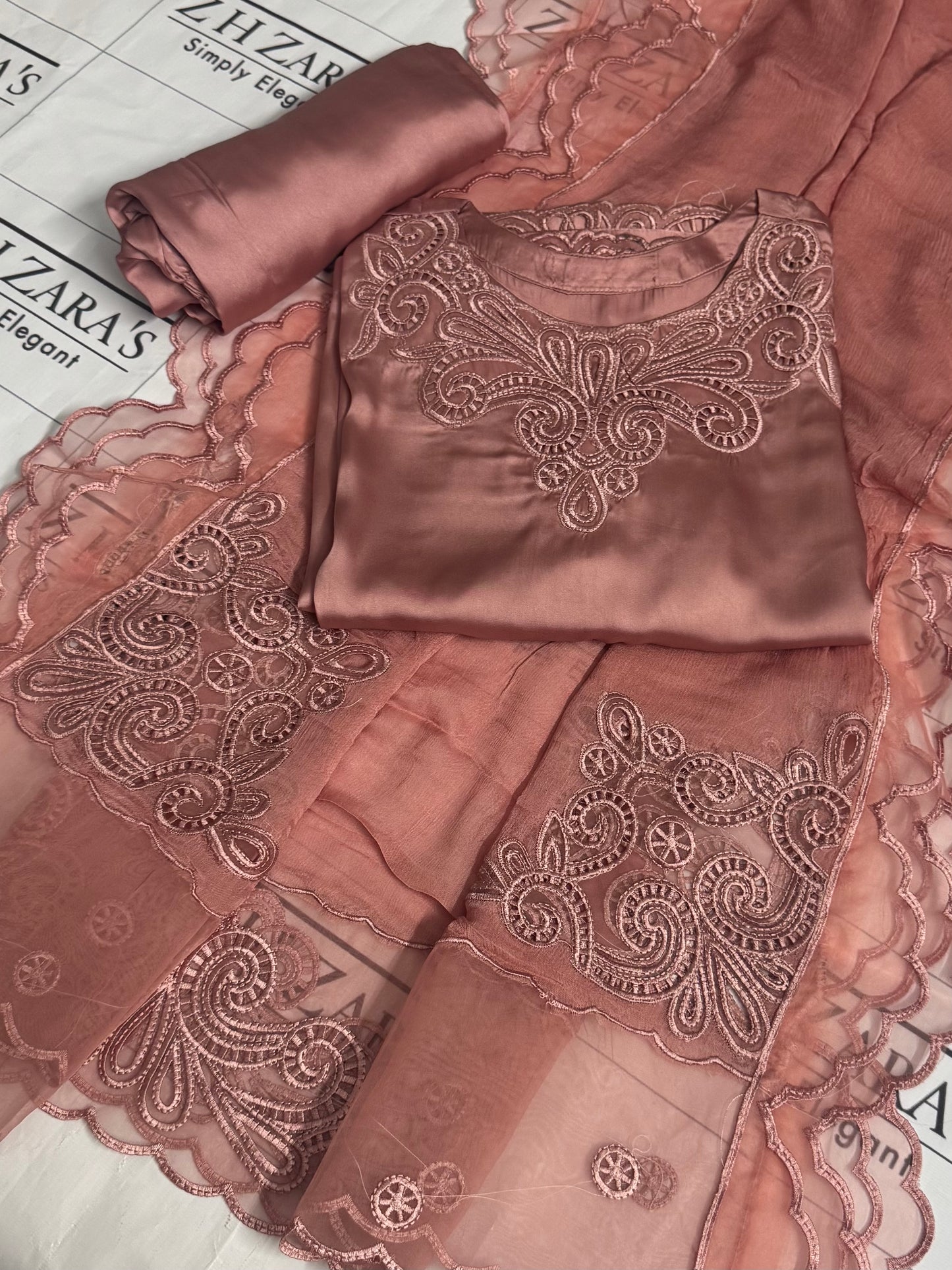 Tea Pink Silk Cutwork 3pc