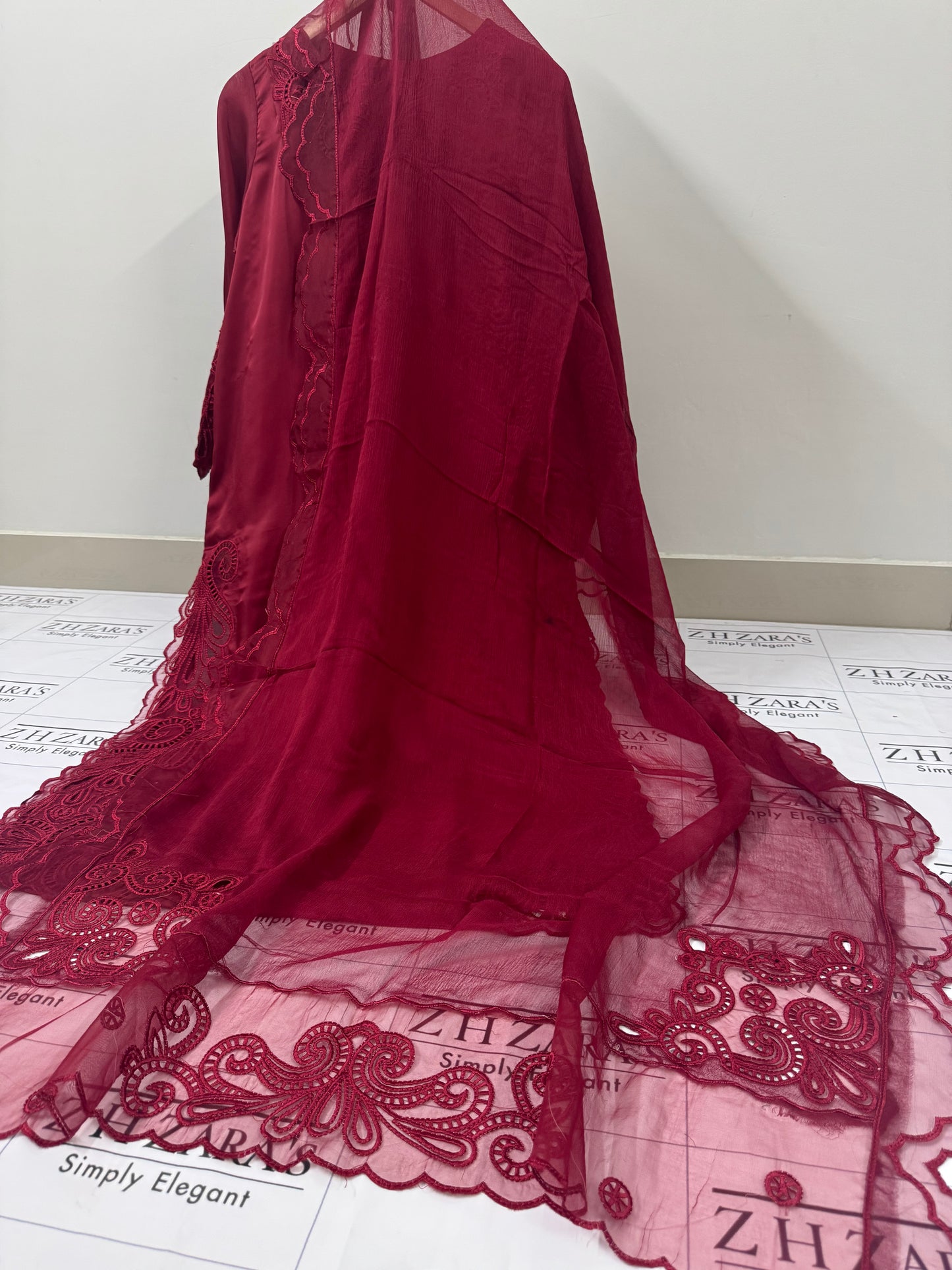Maroon Silk Cutwork 3pc