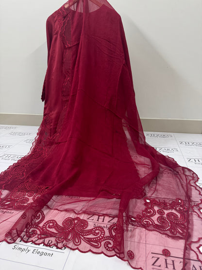 Maroon Silk Cutwork 3pc