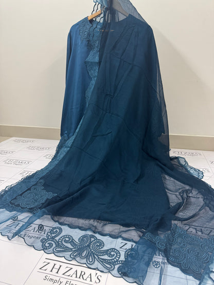 Peacock Blue Silk Cutwork 3pc