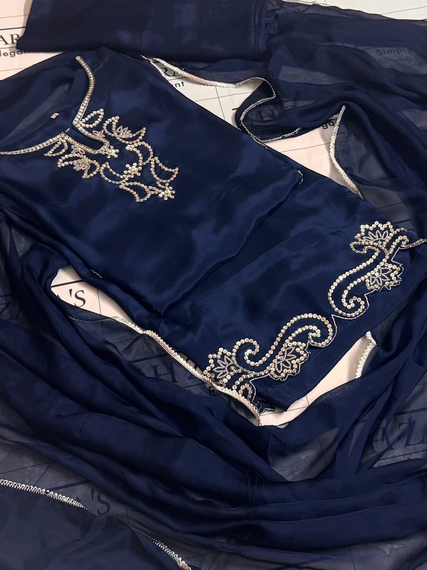 Navy Blue Hand Embellished 3pc
