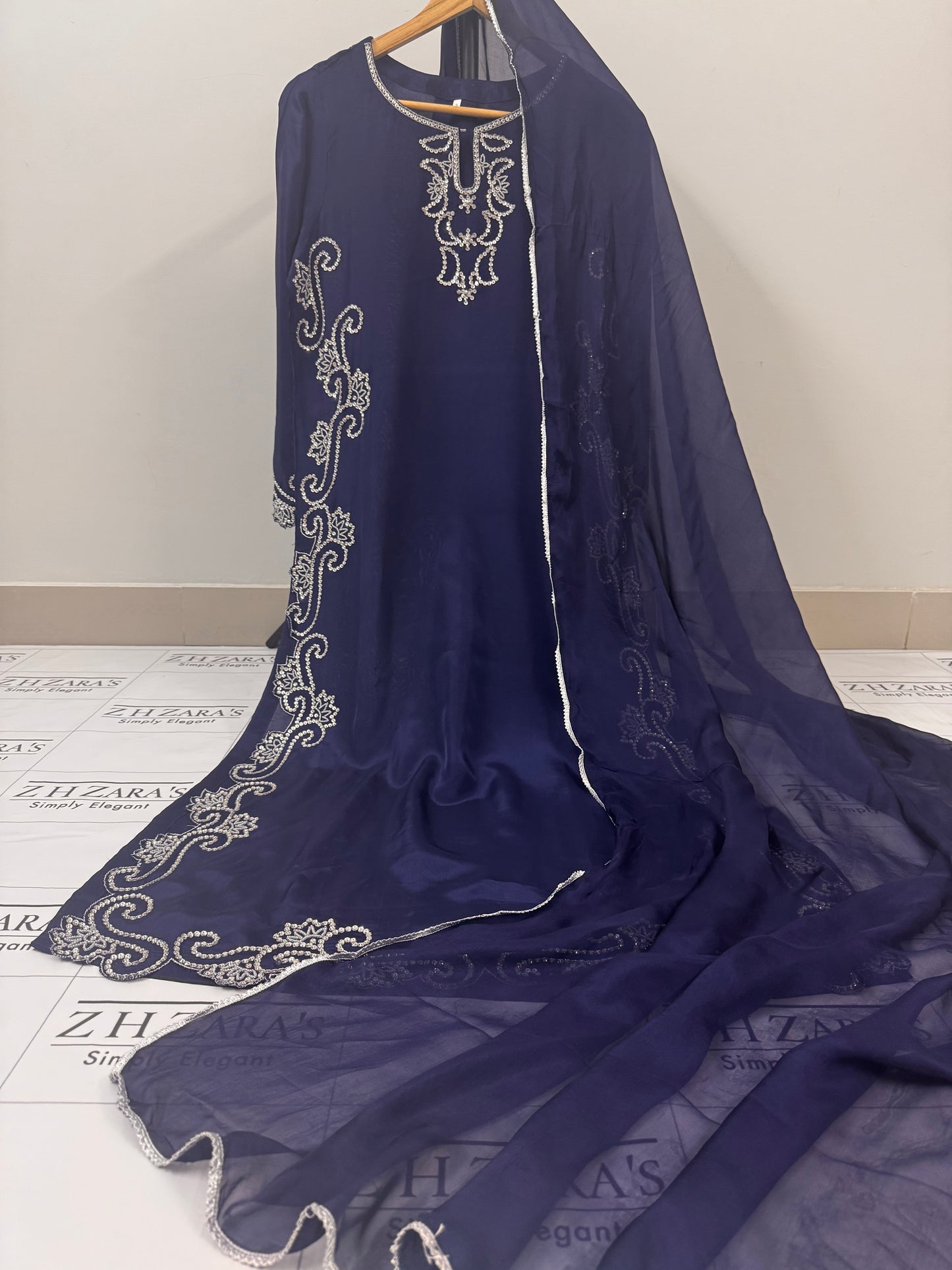 Navy Blue Hand Embellished 3pc