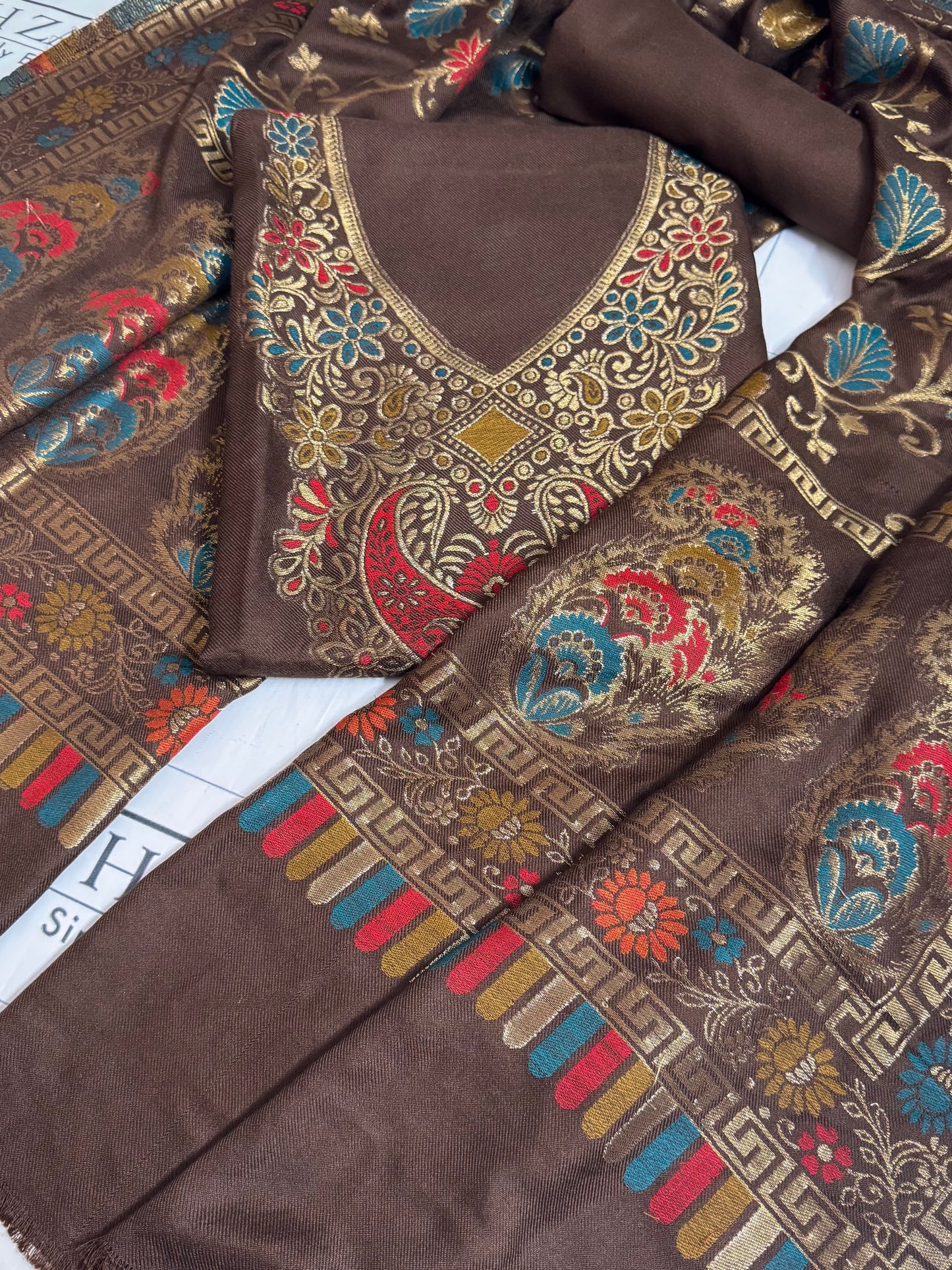 Belgian Brown Gala Zari Pashmina 3pc
