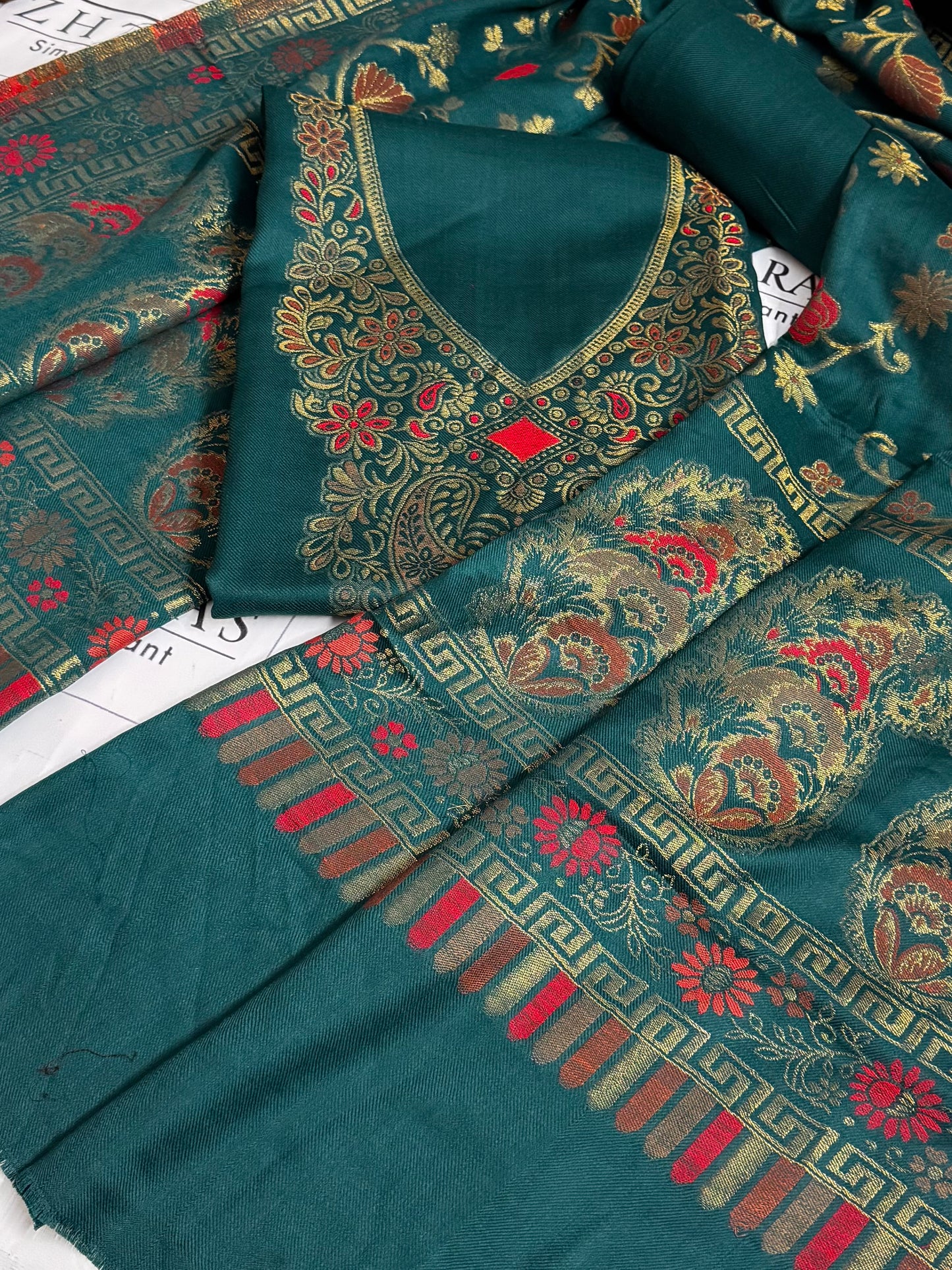 Peacock Green Gala Zari Pashmina 3pc