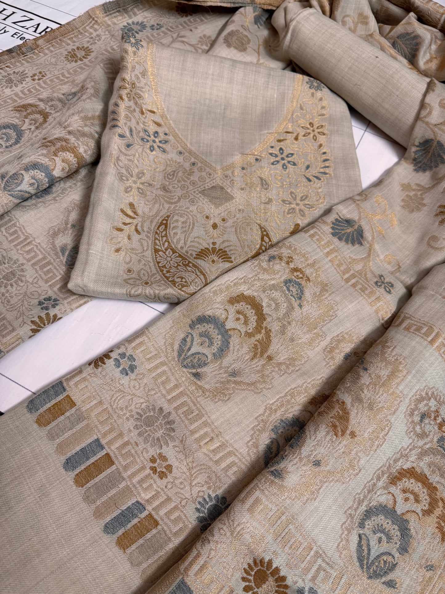 Beige Cream Gala Zari Pashmina 3pc