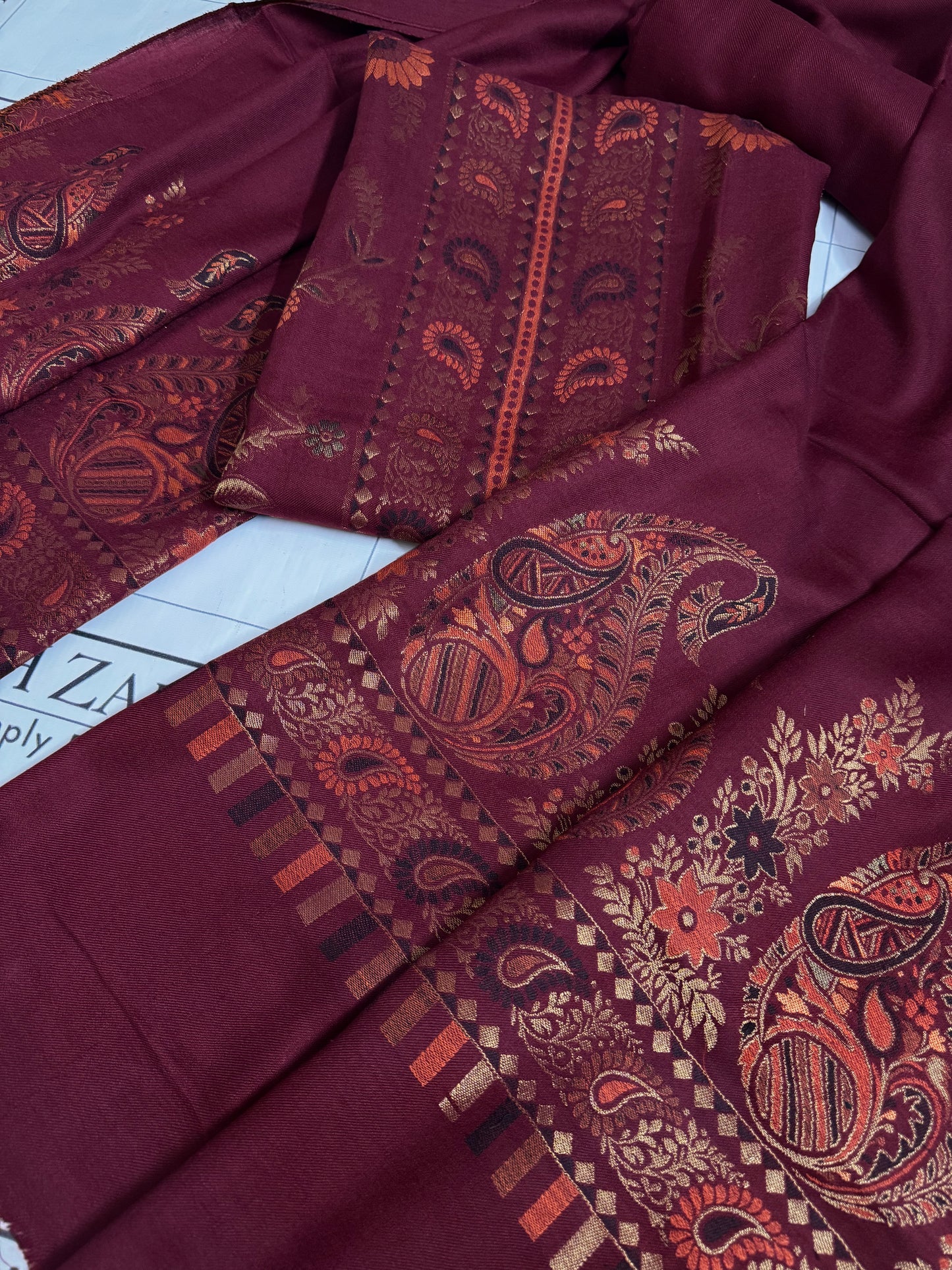 Deep Maroon Gala Zari Pashmina 3pc