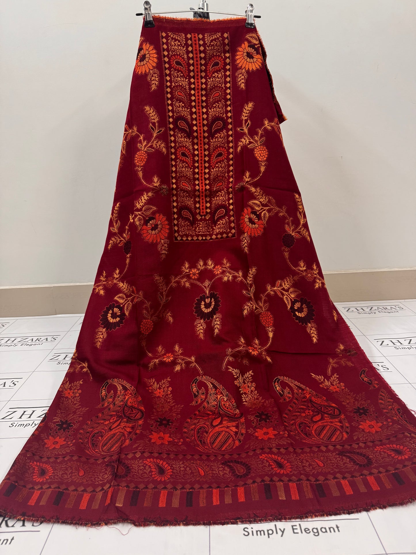 Deep Maroon Gala Zari Pashmina 3pc