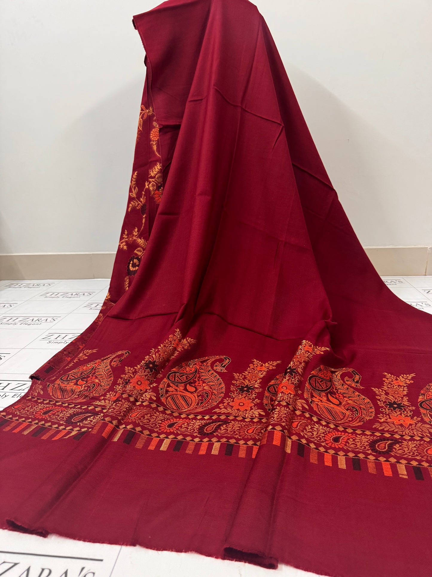 Deep Maroon Gala Zari Pashmina 3pc