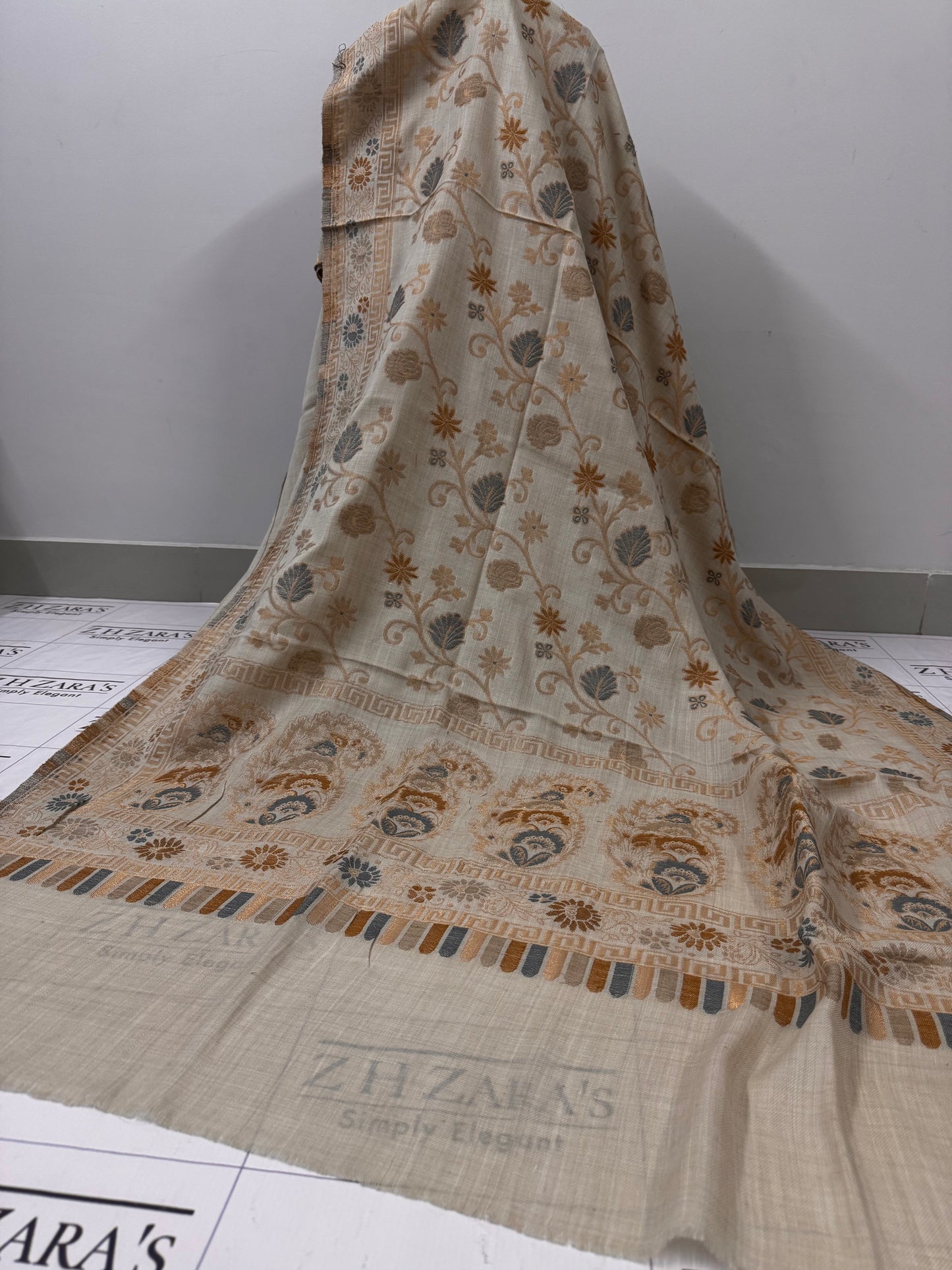 Beige Cream Gala Zari Pashmina 3pc
