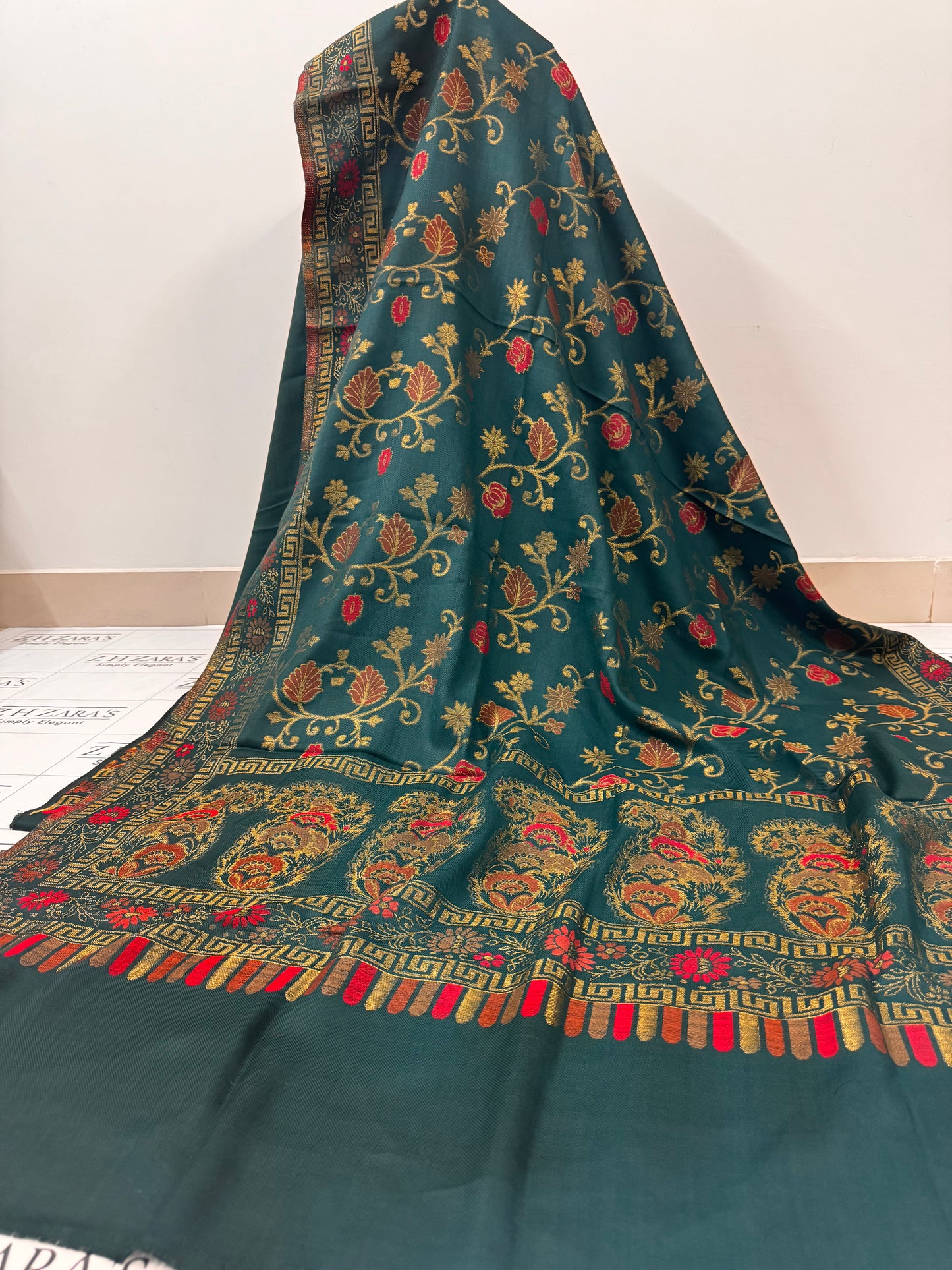 Peacock Green Gala Zari Pashmina 3pc