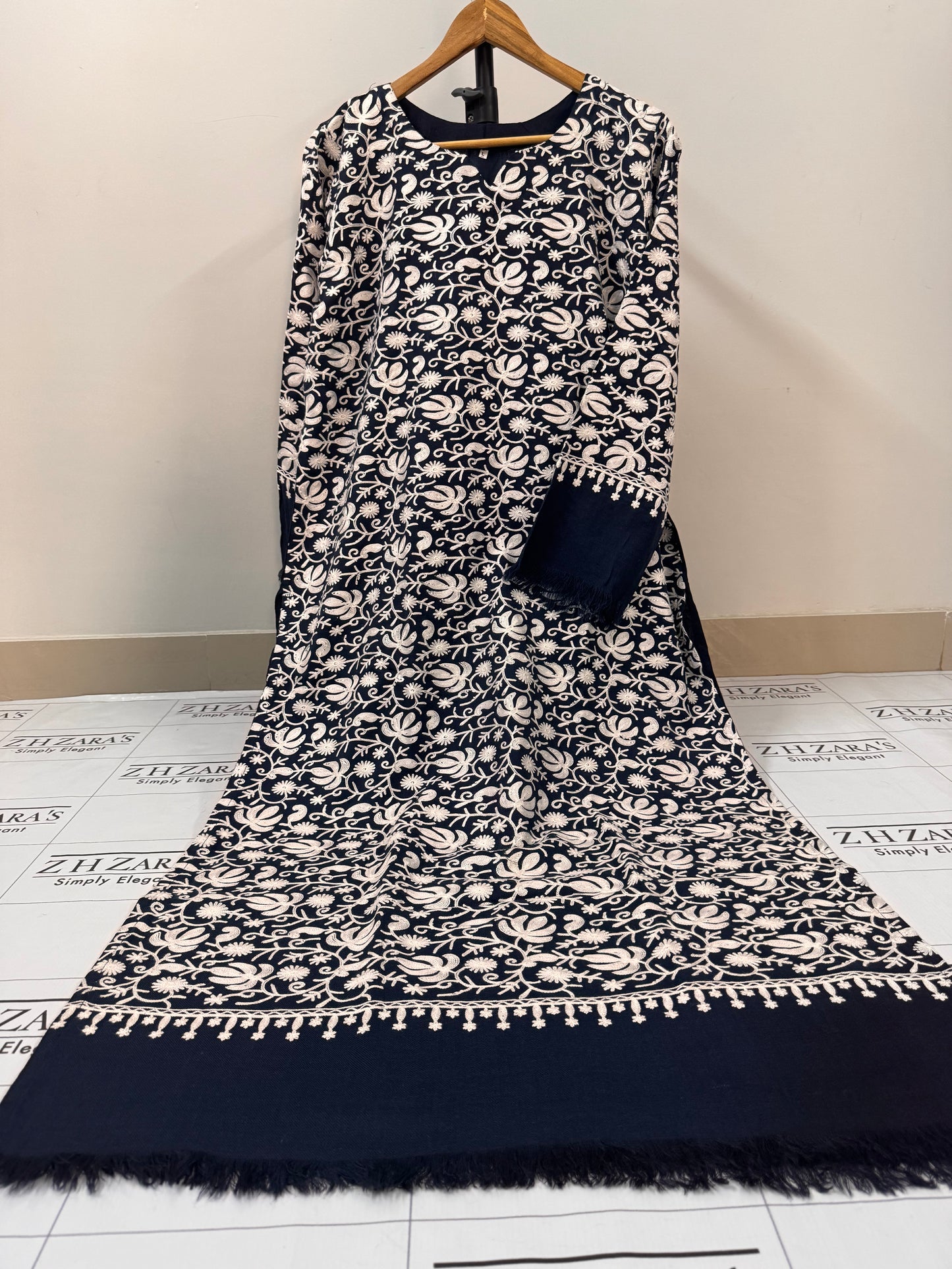 Navy Blue Beige Pashmina Kaftan Shirt