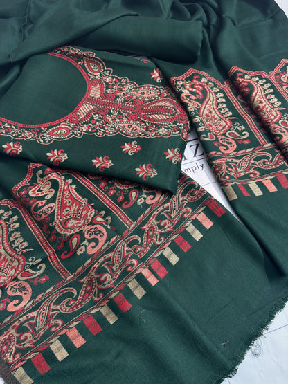 Bottle Green Gala Booti Pashmina 3pc