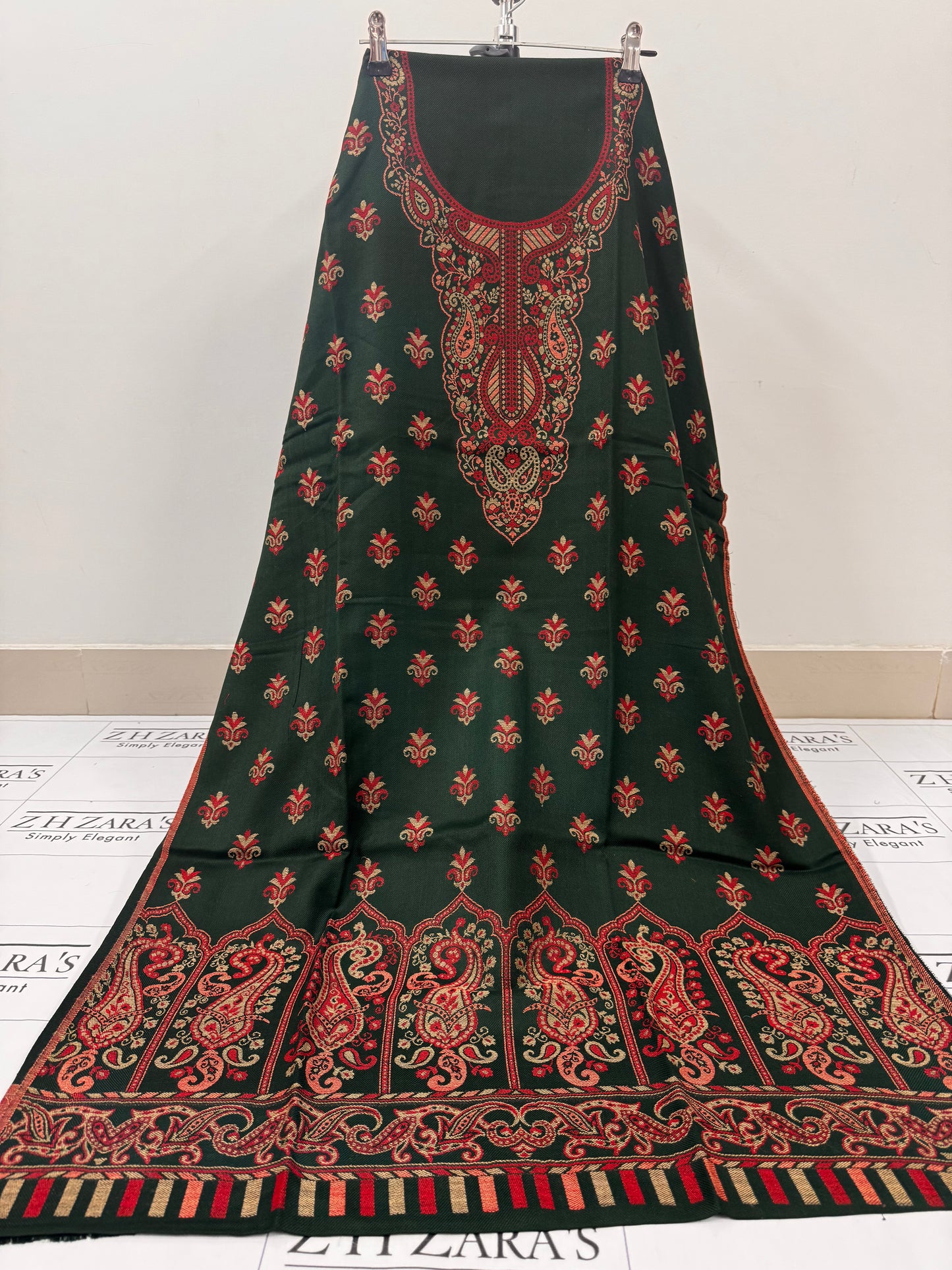 Bottle Green Gala Booti Pashmina 3pc