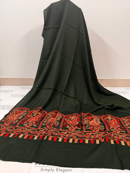 Bottle Green Gala Booti Pashmina 3pc