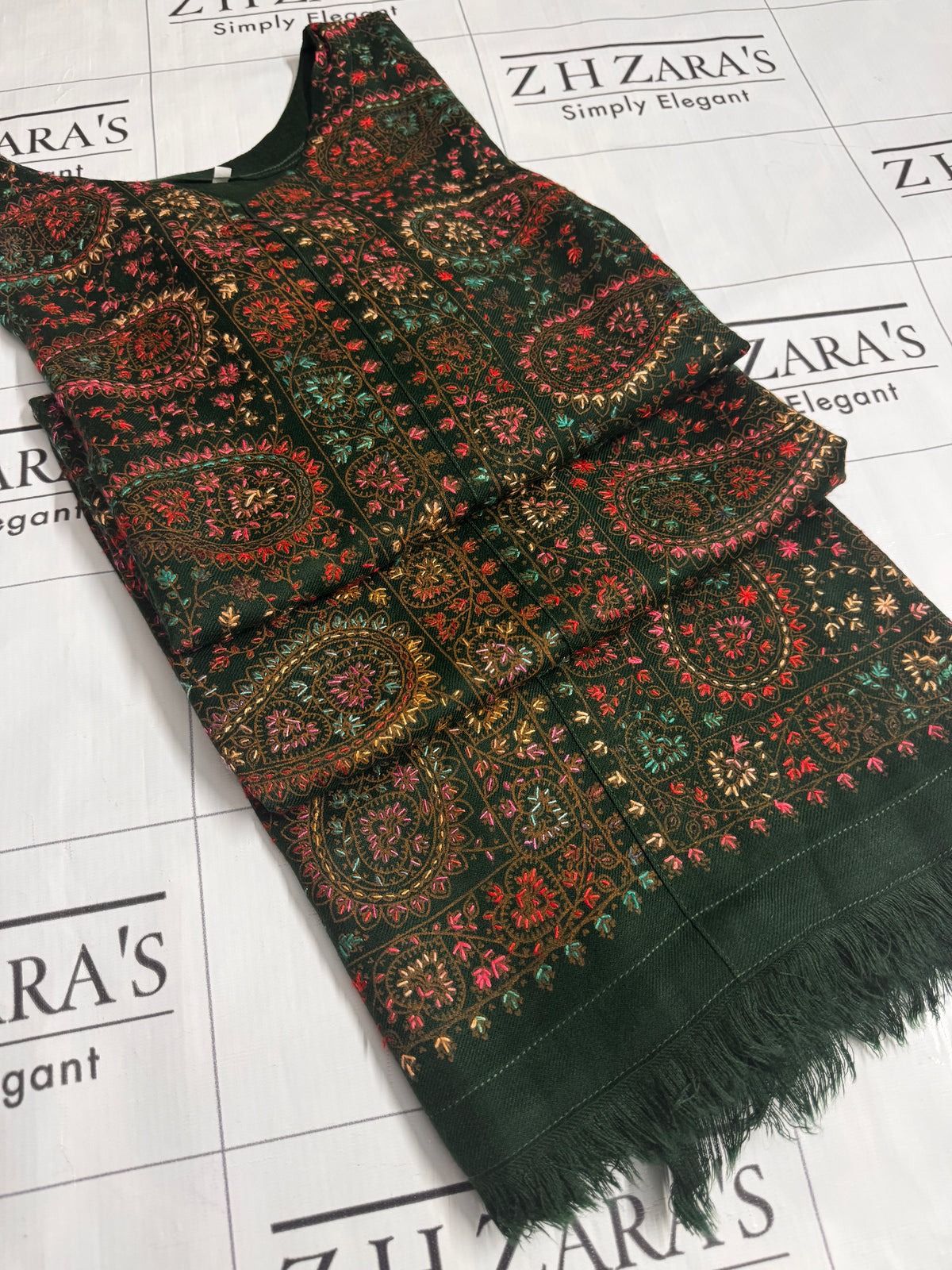 Bottle Green Needle Emb Pashmina Kaftan Shirt