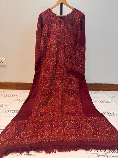 Maroon Needle Emb Pashmina Kaftan Shirt