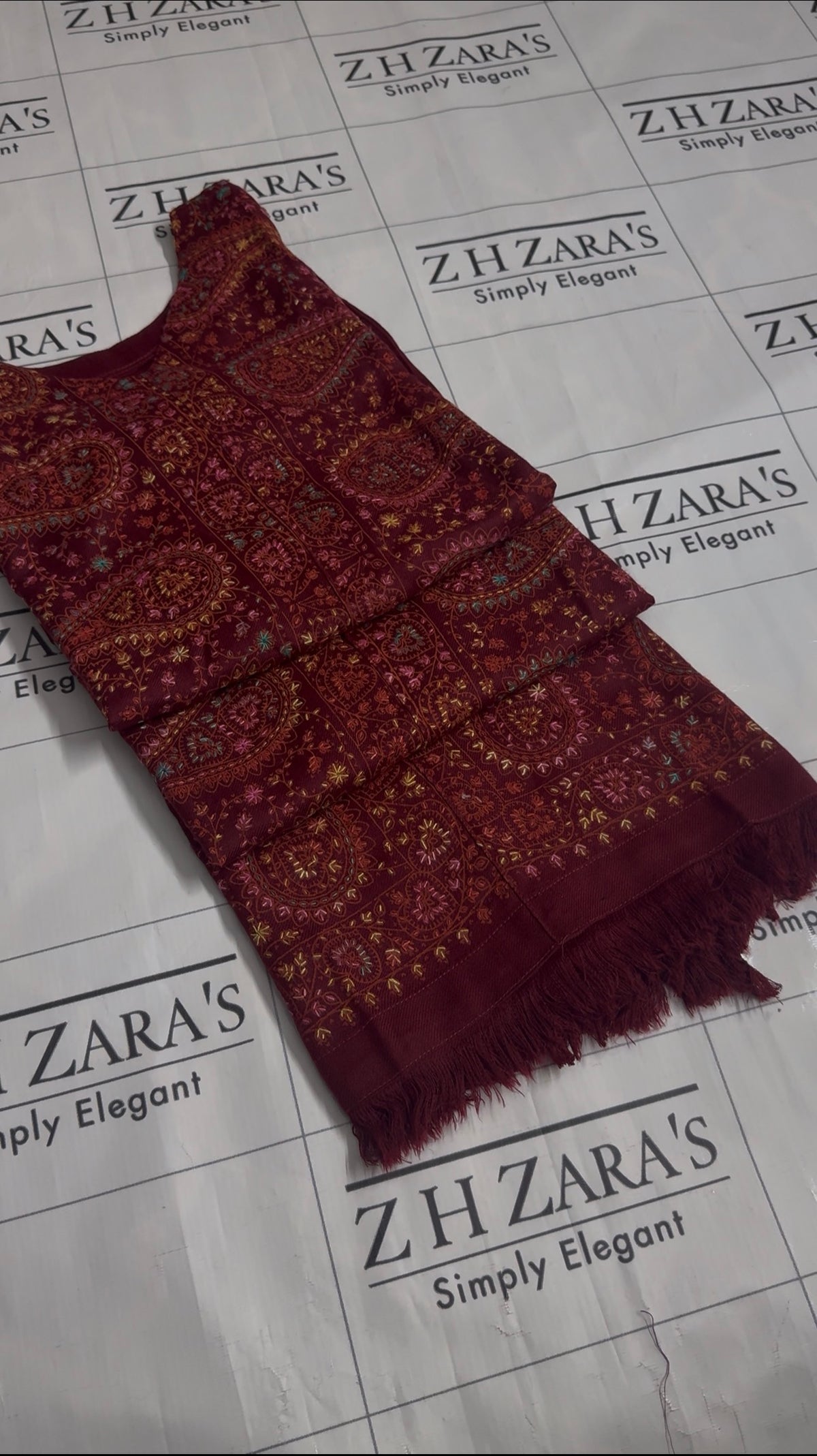 Maroon Needle Emb Pashmina Kaftan Shirt