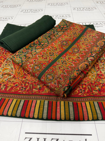 Bottle Green Full Kani Pashmina 3pc