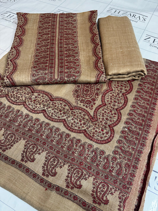 M Camel Coffee Border Double Kani Pashmina 3pc