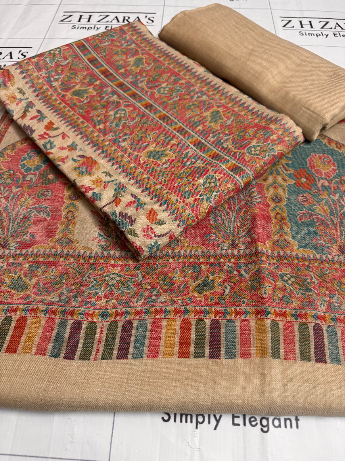 Cream Beige Taj Kani Pashmina 3pc