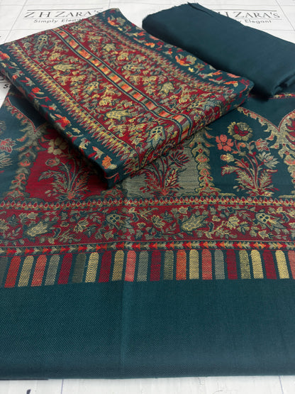 Peacock Teal Taj Kani Pashmina 3pc