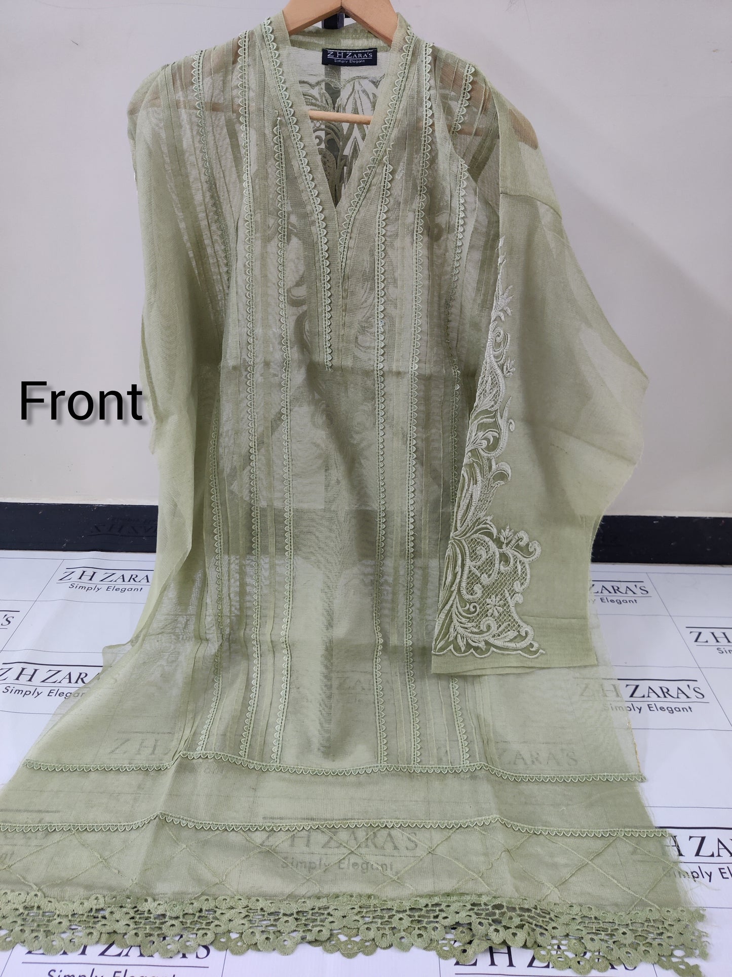 Olive Mint Green Cutwork Silk Applique 2pc