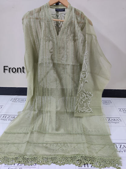 Olive Mint Green Cutwork Silk Applique 2pc