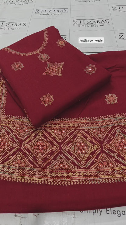 Rusty Maroon Needle Embroidery Pashmina 3pc