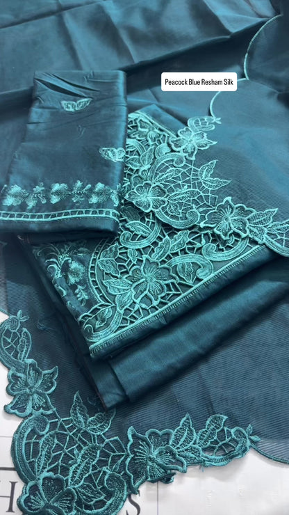 Peacock Teal Green Resham Silk Cutwork 3pc