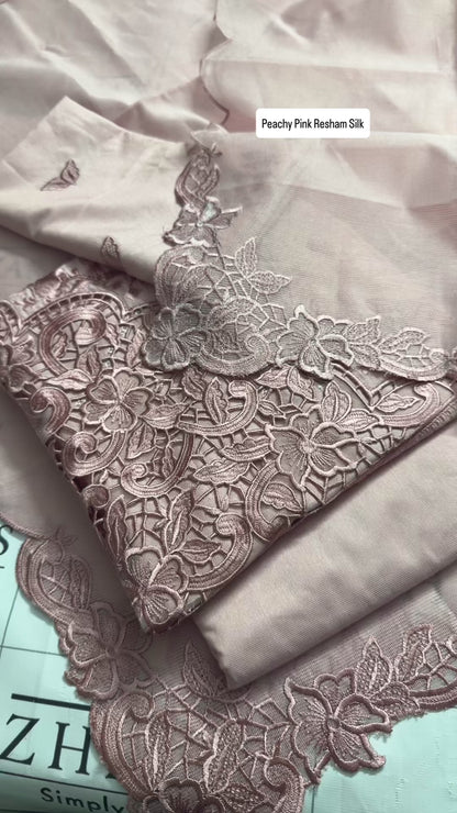 Peachy Pink Resham Silk Cutwork 3pc