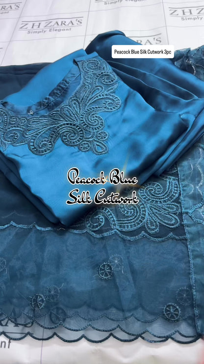 Peacock Blue Silk Cutwork 3pc