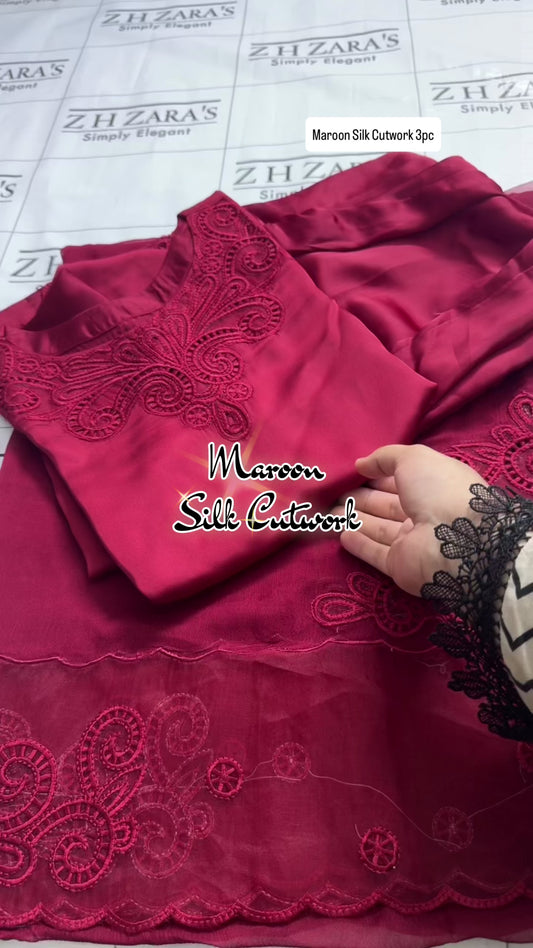 Maroon Silk Cutwork 3pc