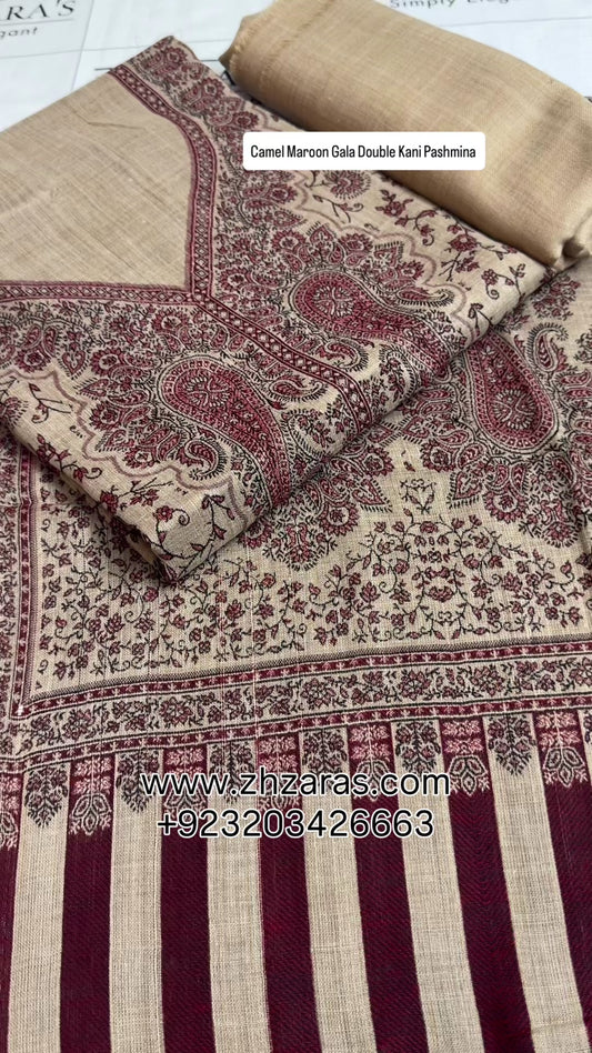 Camel Maroon Gala Double Kani Pashmina 3pc